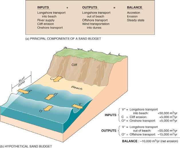 The sand budget is the balance between sediment added to and sediment eroded from the beach. (b) In this example of a hypothetical sand budget, sand inputs are less than sand outputs.