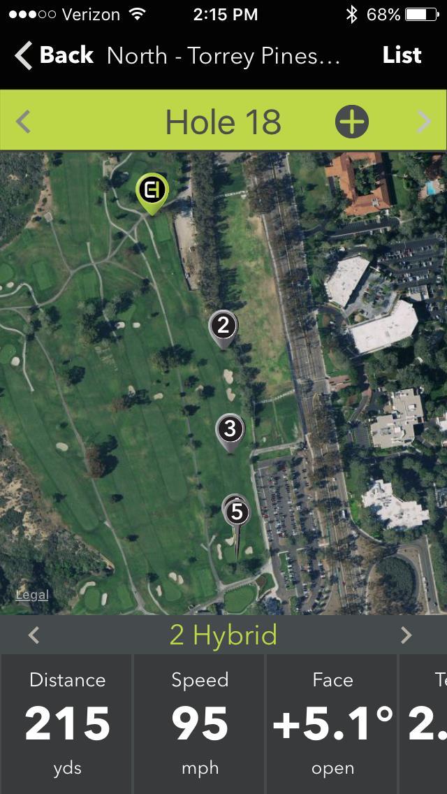 Map View With Shots Hole number banner. < can be tapped to switch to the previous hole, > switches to the next hole. The map can be panned/zoomed using standard pinch gestures.