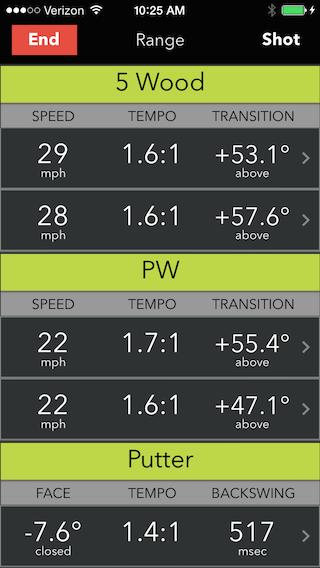 Range - Swings list Tap Shot to display the current swing screen. Club name banner delineates a sequence of consecutive shots with a club. Stats header.
