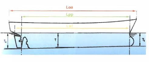 Length between perpendiculars (L pp ) Distance between the fore and aft perpendicular Length over all (Loa) The horizontal distance from stem to stern Loaded waterline (Lwl) Horizontal distance