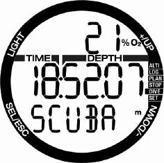 DIVE mode SEL INTERVAL SET GAS SET SCUBA SET APNEA SET SWIM SET ALGO However in SCUBA mode after a dive, the display may appear as shown below: -- Suface interval time at top row -- Remaining