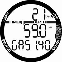 By pressing the SEL button in this display the oxygen content of the Gas starts blinking. By pressing +/- buttons you may scroll the value from 21 up to 100%.
