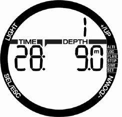 9 APNEA mode APNEA mode display during the dive shows at top row the sequential number of the dive. At the middle row the dive time in seconds and the maximum depth are shown.