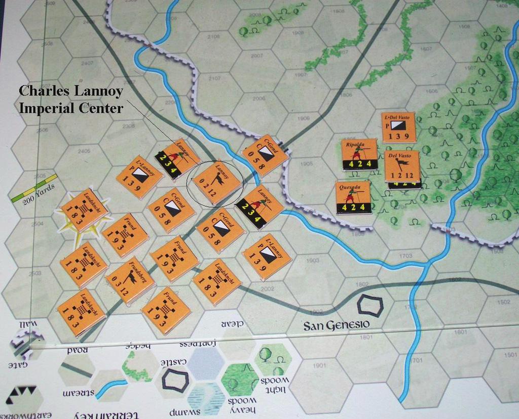 Suffolk's loose shotte holds the left flank. Meanwhile de la Pole swings his formation around to face Lannoy's advancing troops. Flourance has the southern gate defended.