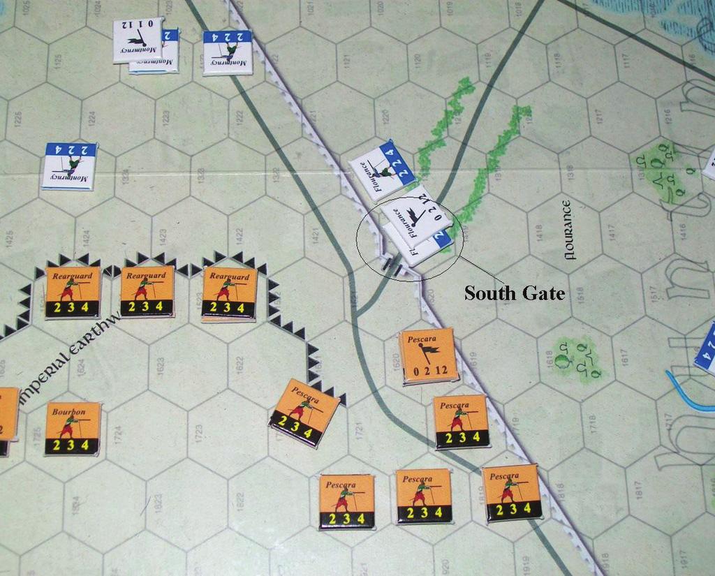 disordered. It is hit again and forced to retreat. Lannoy's cavalry presses on against de la Pole's retreating forces. There is more action at the southern gate of the hunting preserve.