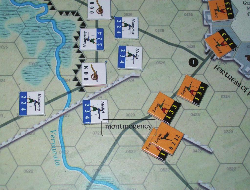 Just a bit farther south, the battle between Montmorency and the Imperial rearguard continues. One of the French loose shotte units routs after enduring point blank artillery fire.