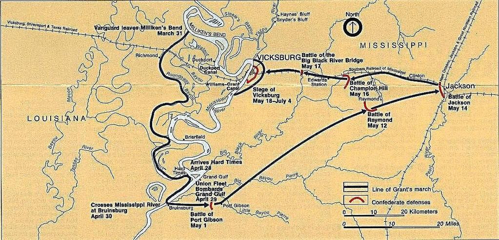 1 4 5 3 2 1. Grant s hold on upper Mississippi & Tennessee allows staging & movement of troops south. 2. Grant crosses river below Vicksburg to come in behind the city. 3. The Union fleet supports and, Grant s forces win from Fort Gibson Big Black River Bridge.