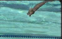 With fins, swimmer is on back in a balanced position with arms at each side of body, head back, legs kicking slowly and evenly.