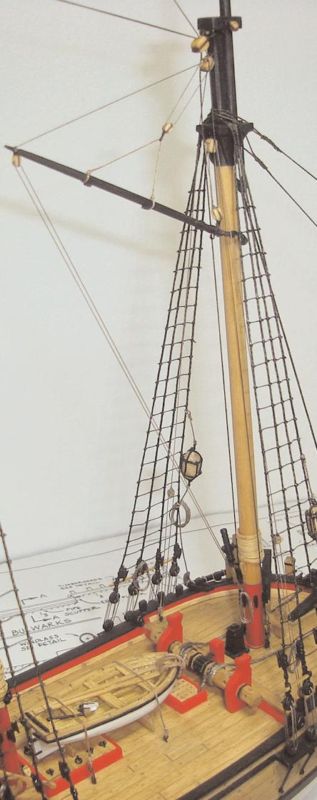 The fore gaff was rigged in the same manner. It was secured to the mast with parral beads. Rigging for the fore gaff was completed in the following order.