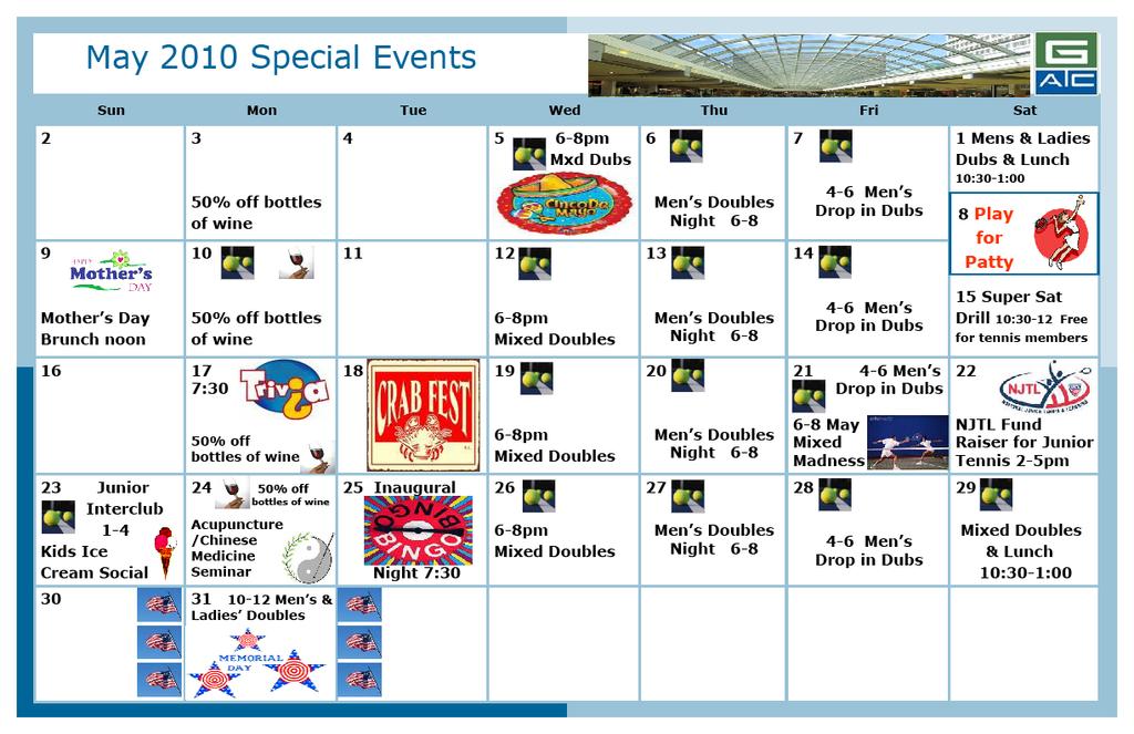 May-2010 Calendar Waco Regional Tennis & Fitness 900 West Lake Shore Drive Waco, TX 76708 We re on the web! www.mygtac.com Phone Main 832 325-5100 Fax 713 961-2975 Web www.mygtac.com GTAC, the softest hard-courts available.