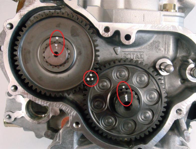 12. Balance Drive 12.1 9mm thick steel balance gears (Rotax part no. 234 435) must be installed and must be aligned as shown below. 13. Ignition Unit 13.