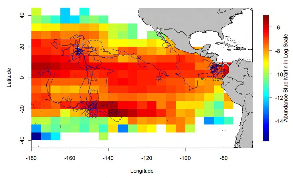 Figure 2. Blue marlin abundance distribution in the Pacific during the 1970s and satellite tag tracks indicating habitat use.