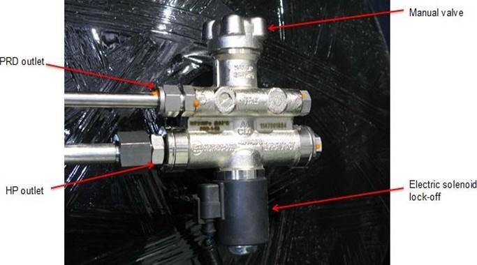Manual Tank Valve with Electronic Lock-Off: Turn the Manual Valve Knob Clockwise to close. Manual Shut-Off valve is located on one end of the cylinder and can be closed by turning the knob clockwise.