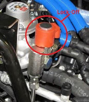 Electronic Lock off is energized by CNG module. If the ignition key is off, the solenoid should be De-energized.