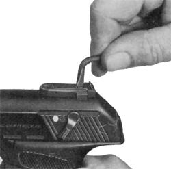 Unloading the Pistol Engage the safety! Remove the magazine (Fig. 8). Pull the slide back all the way; cartridge will be ejected. Check to make sure that there is no round in the chamber.