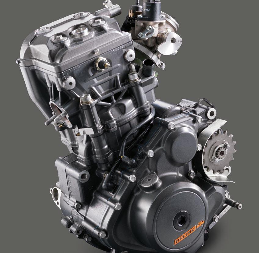 THE KTM RC 390 CUP ENGINE FACTS: The power-enhancing force feed lubrication with crank case evacuation lowers the crank drive's rolling resistance;