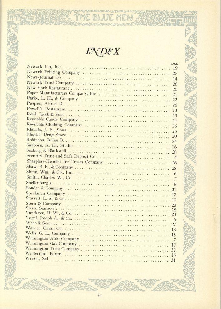 Index PAGE Newark Inn, Inc 19 Newark Printing Company 27 News-Journal Co 14 Newark Trust Company ; 26 New York Restaurant 20 Paper Manufacturers Company, Inc 21 Parke, L. H.