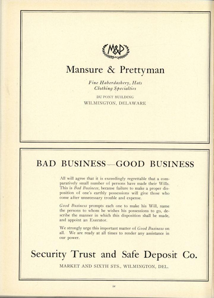 Mansure & Prettyman Fine Haberdashery, Hats Clothing Specialties DU PONT BUILDING WILMINGTON, BAD BUSINESS GOOD BUSINESS All will agree that it is exceedingly regrettable that a comparatively small