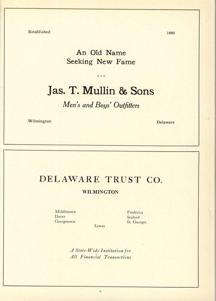Established 1880 An Old Name Seeking New Fame Jas. T. Mullin & Sons Men's and Boys' Outfitters Wilmington Delaware TRUST CO.