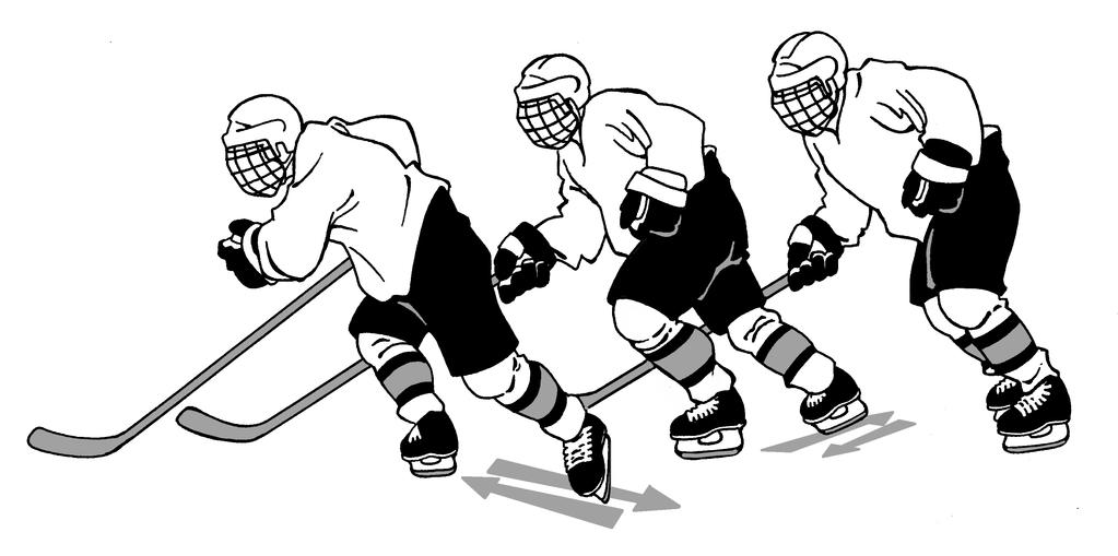 9 The thrusting leg should be extended fully and returned quickly to its original position; then continue by thrusting off the inside edge of the opposite skate, once again striving for full
