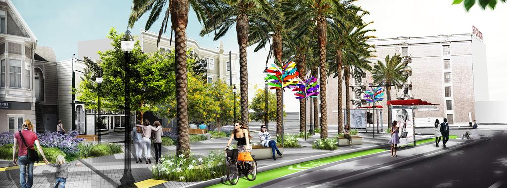 NEW PUBLIC PLAZA AT GEARY AND MASONIC Nine palm trees Open area with seating and planters Public cafe zone with six