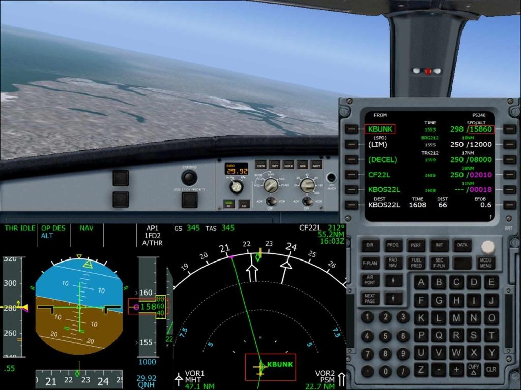 The following image shows such a descent in flight. It has been taken when the aircraft was passing the KBUNK waypoint.
