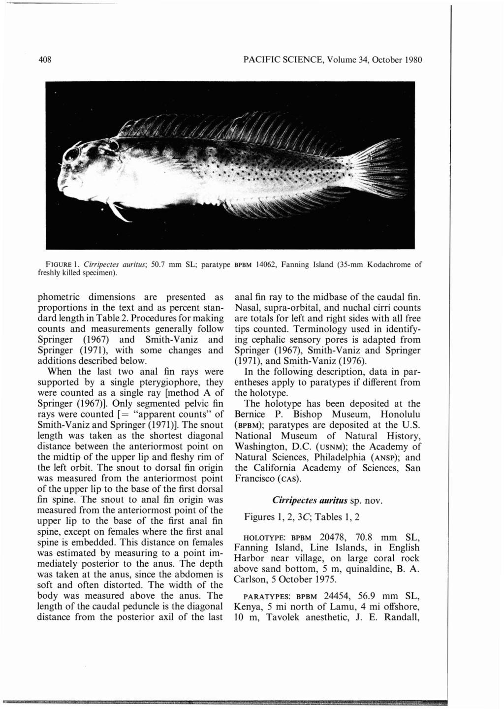 408 PACIFIC SCIENCE, Volume 34, October 1980 FIGURE I. CirripeCleS aurilus; 50.7 mm SL; paratype BPBM freshly killed specimen).
