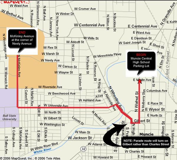 Parade Map and General Information Lineup will begin at 7:00 a.m. Please enter the site at the stop light in front of the school. The parade will begin promptly at 8:30 a.m. Please note that the parade line-up site will be at the parking lot on the SOUTH side of Muncie Central High School.