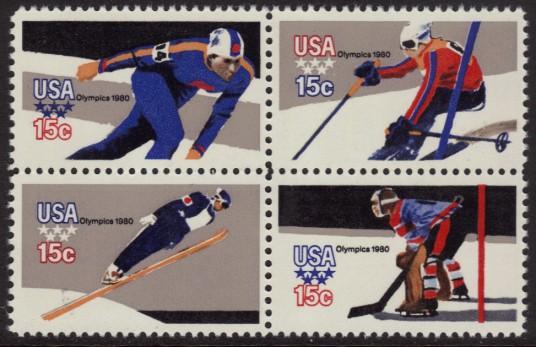 10 1795-98 1980 15 Winter Olympics, Lake Placid, NY: Speed Skating, Downhill Skiing, Ski Jump, Hockey, Pf.11x10½, Blk.-4... (50) 22.75 (12) 6.75 2.