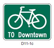 The wayfinding may convey several factors including: Which roadways are designated as bicycle facilities Directions to key areas or
