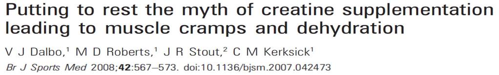 Bottom Line Collectively, results from these studies suggest there is no reason to believe creatine enhances the risk of dehydration or muscle cramps." Watson G, Casa DJ, Fiala KA, et al.