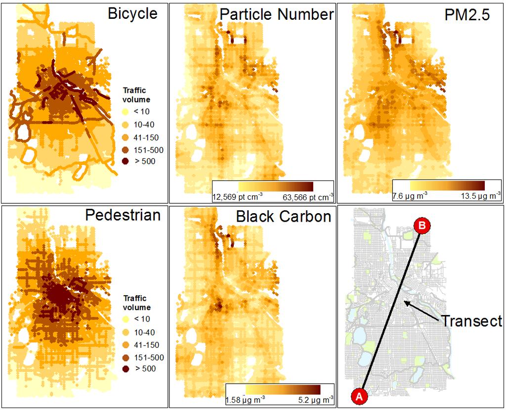Figure 1. Spatial estimates of active travel and particulate air pollution.