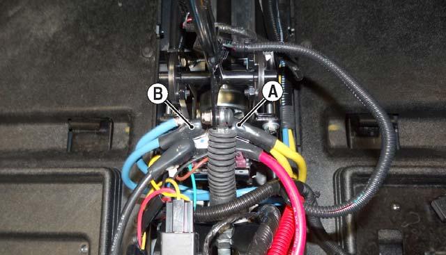 then secure the front and/or rear blue winch cables (B), and brown solenoid wire to the solenoid