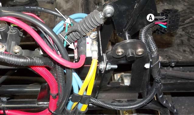 12. Install the green and black wire spade terminals from the switch harness to the solenoid and route the switch