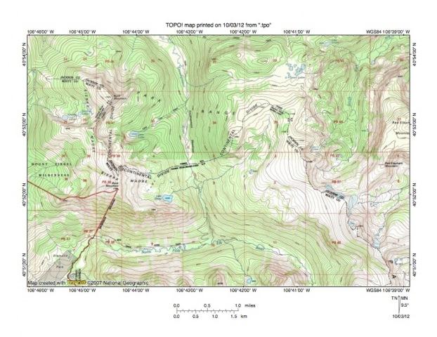 Figure 6: Detailed map of Encampment River-North Fork Elk River drainage divide area. United States Geological Survey map digitally presented using National Geographic Society TOPO software.