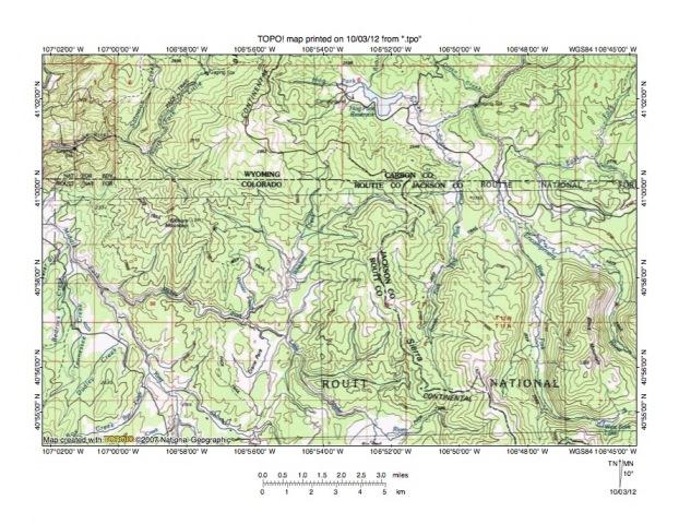 Figure 3: Hog Park Creek-Middle Fork Little Snake drainage divide area. United States Geological Survey map digitally presented using National Geographic Society TOPO software.