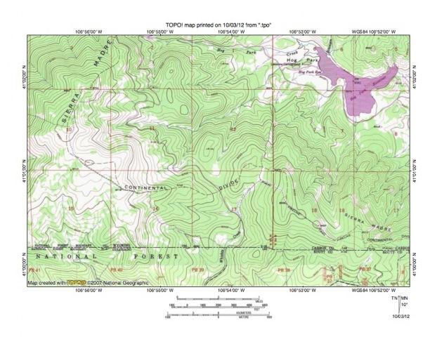 Figure 4: Detailed map of Hog Park Creek-Whiskey Creek drainage divide area. United States Geological Survey map digitally presented using National Geographic Society TOPO software.