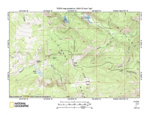 Figure 6: Detailed map of Nellie Creek-Battle Creek drainage divide area. United States Geological Survey map digitally presented using National Geographic Society TOPO software.