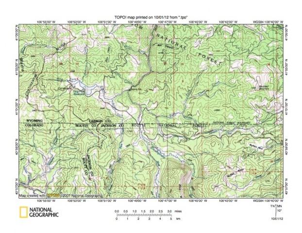 Figure 9: Hog Park Creek-Encampment River drainage divide area. United States Geological Survey map digitally presented using National Geographic Society TOPO software.