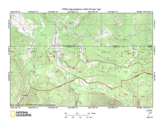 Figure 10: Detailed map of Hog Park Creek-Encampment River drainage divide area. United States Geological Survey map digitally presented using National Geographic Society TOPO software.