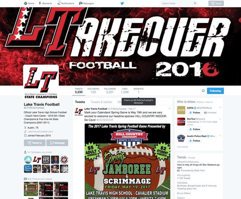 Local media outlets, college coaches/recruiters, and the general public consider these pages as an official source of information and communication for the Lake Travis football program.