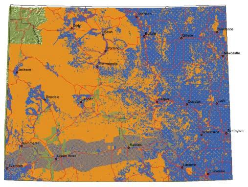 5 Map 1. Aggregate seasonal range on private lands (blue) and public lands (orange) for six major big game species in Wyoming. Yellowstone National Park was not included in this analysis.