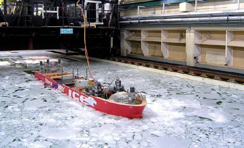 Figure 5: Model of Stena DrillMAX ICE in the model tank at HSVA In addition to the formal tests in well documented ice sheets, tests were also performed by turning the vessel 18 at zero ice drift