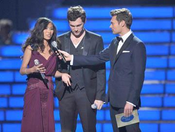 SECOND BEST: From left, runner-up Jessica Sanchez, winner Phillip Phillips and host Ryan Seacrest speak onstage at the American Idol finale in Los Angeles on May 23.