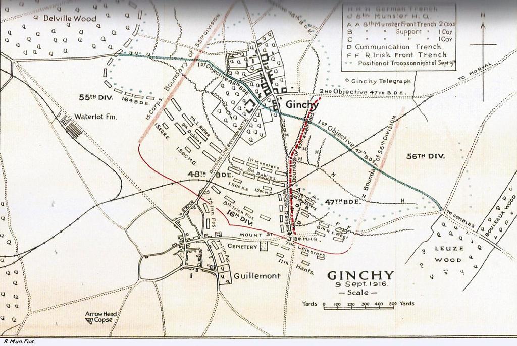 France: The Somme - Ginchy September 9 th 1916 Troop position after battle 8 th & 9 th RDF 7 th RIF Ginchy 1 st RMF 48 th Brigade 8 th RMF 47 th Brigade Guillemont On 9 September, the 48 th Brigade
