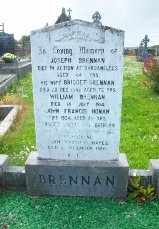 Private Joseph Brennan Private Joseph Brennan Joseph Brennan:Born in 1872 in Kilrush, killed in action 21 st August 1915 on Scimitar Hill Suvla Bay in Gallipoli age 44, Royal Munster Fusiliers 1 st