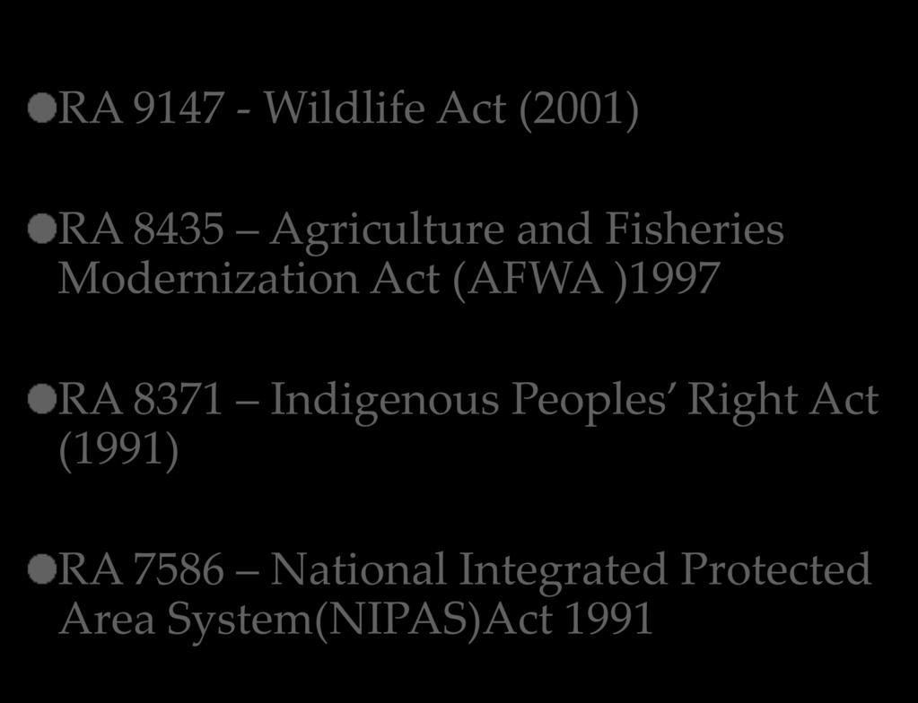 RA 9147 - Wildlife Act (2001) RA 8435 Agriculture and Fisheries Modernization Act (AFWA )1997 RA