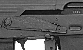 When the safety lever is in its upper position on the receiver, the rifle is in SAFE. (See Illustration #.) When the safety lever is in the lower position, the rifle is set for semi-automatic FIRE.