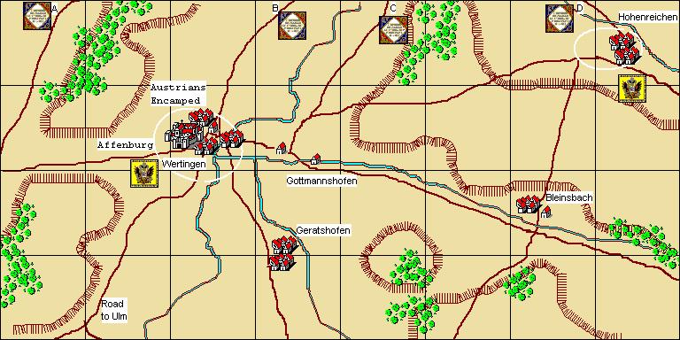 Umpire`s notes (full scenario): Wertingen 8th October, 1805 Scenario Notes: Turn 1: (12:28 pm). Auffenburg is told that French cavalry are approaching along road C Turn 2: (at 12:32 pm).