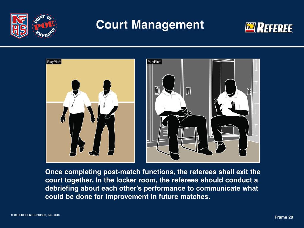 Court Management During the Match - Make decisive, consistent decisions using proper signals to improve confidence and reduce controversy - Centering with good eye contact between R1 and R2 keeps